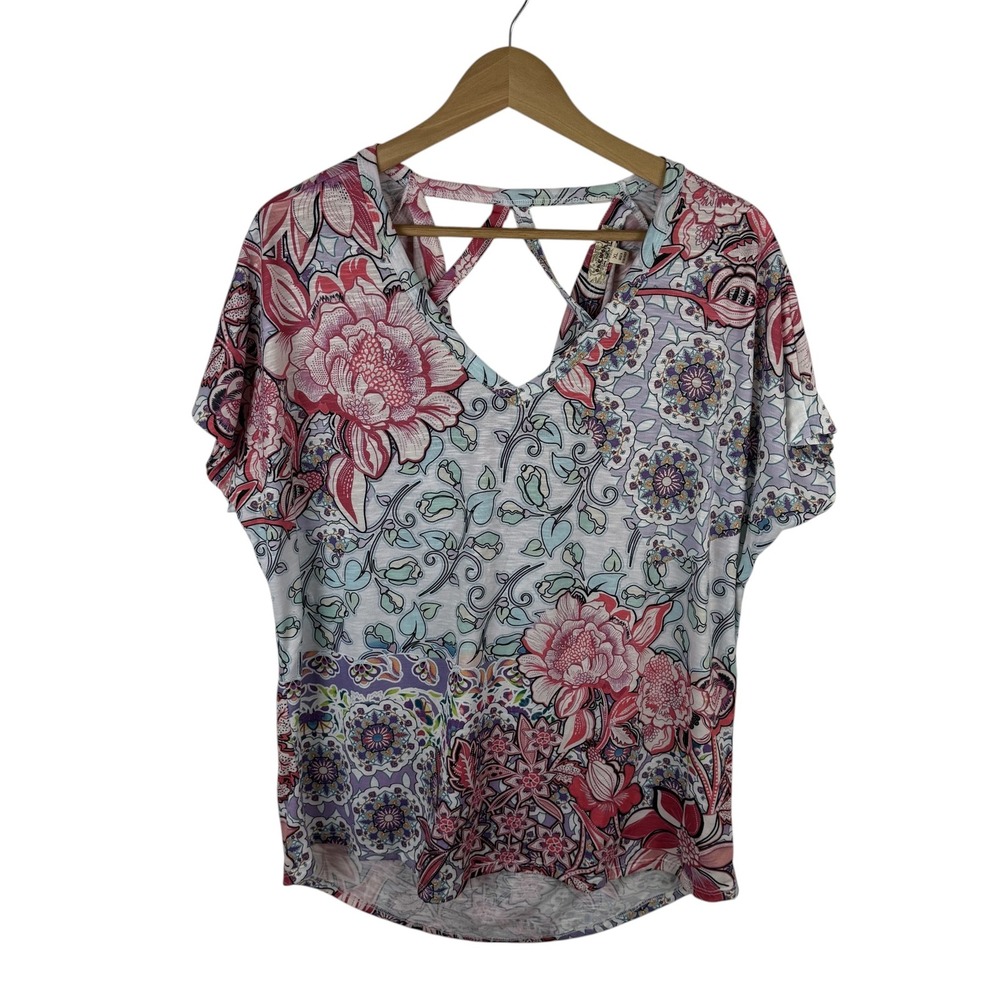 One World Floral Paisley Top XL Multicolor Strappy Back Stretch Colorful Boho
